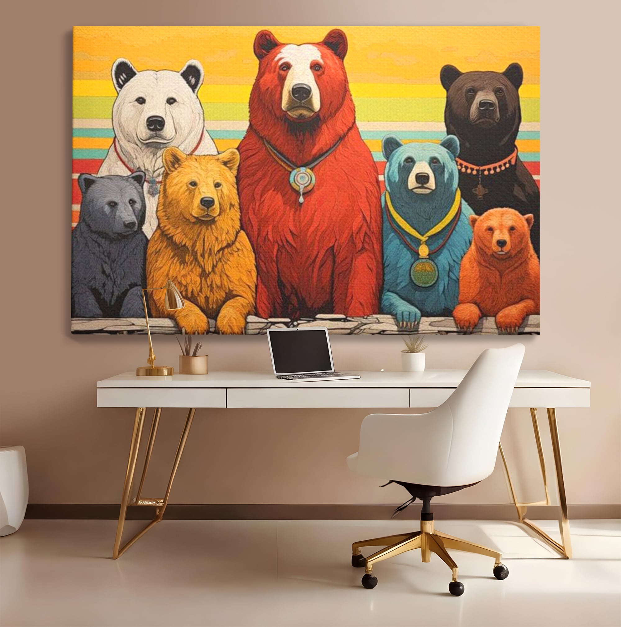 Tablou canvas cu ilustratie digitala cu ursi colorati, fara rama, pe sasiu de lemn, pe perete intr-un birou